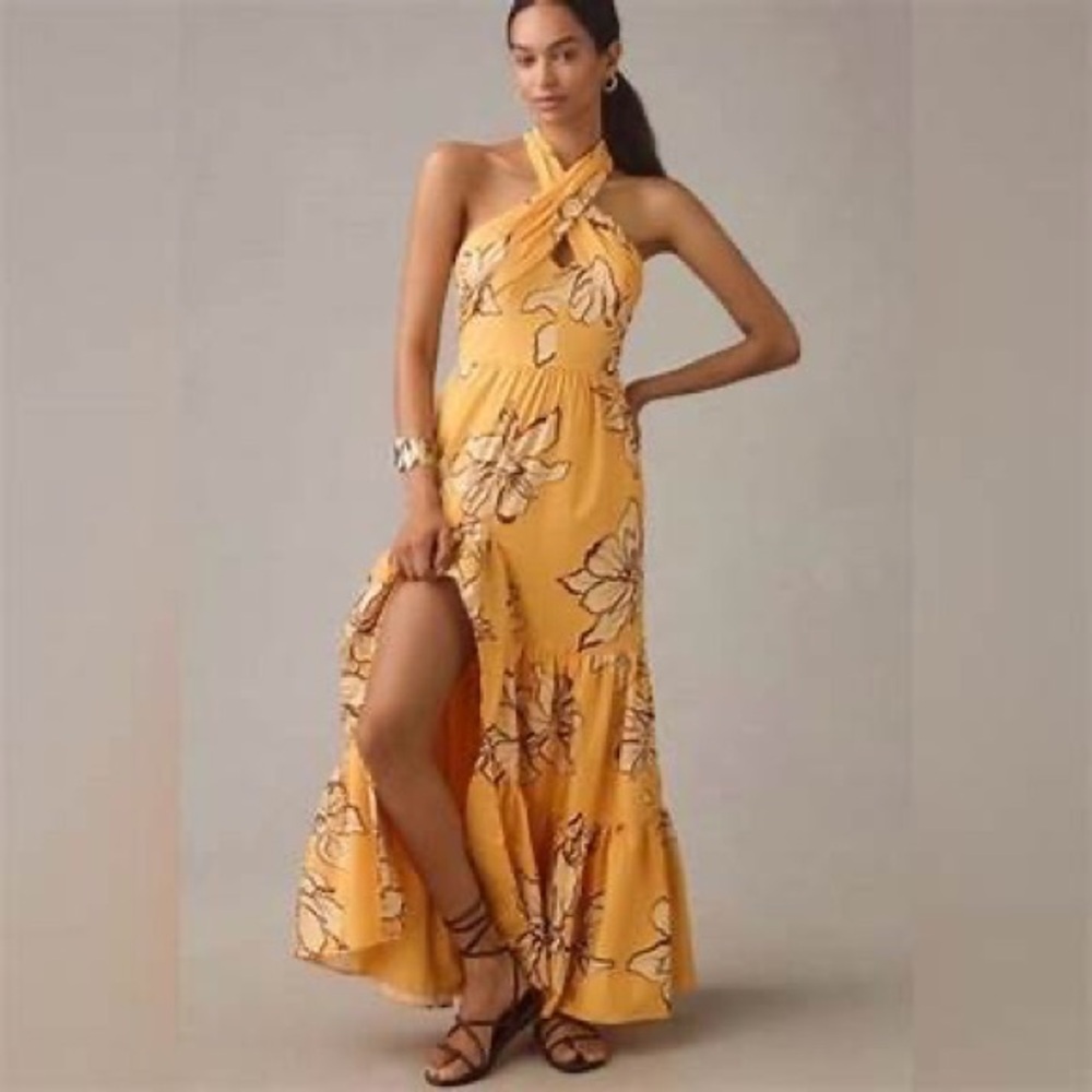Hutch by Anthropologie yellow floral split front halter dress. Size 8. GUC!
